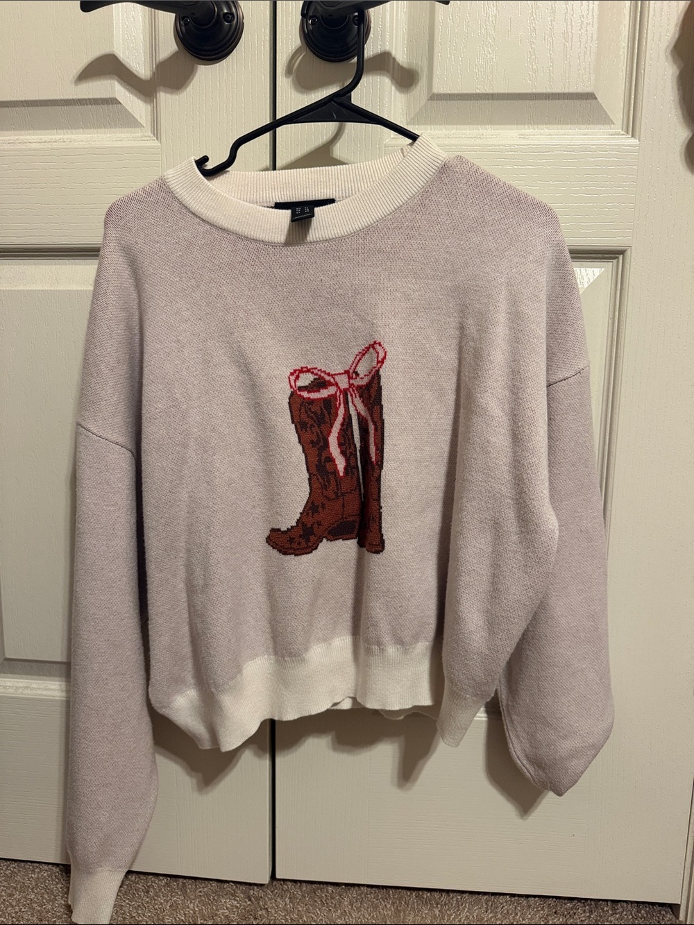White/Red Pullover Sweater with Cowboy Boot Motif